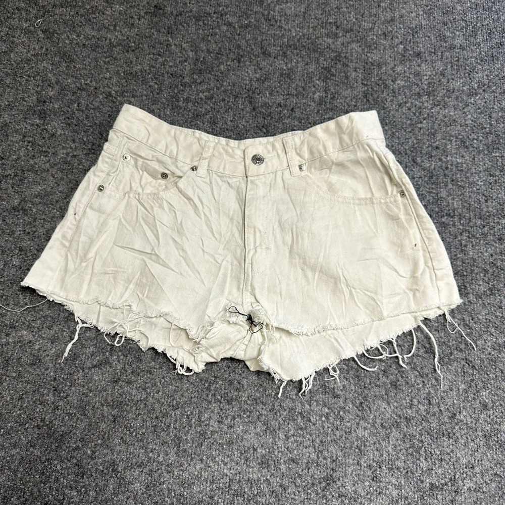 Pull&Bear Denim Shorts Womens Size 28 White Cotton High Waisted Frayed Hem